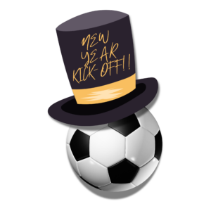 A soccer ball with a top hat saying New Year Kick-OFF!!