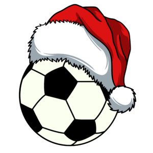 A soccer ball with a Santa hat on